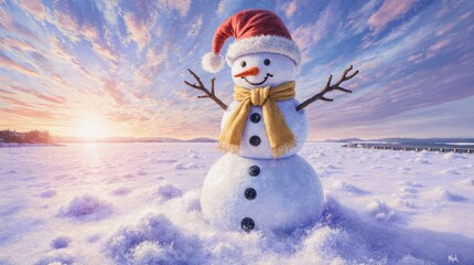 Obraz premium Joyful snowman wearing a santa hat in a winter wonderland sunset