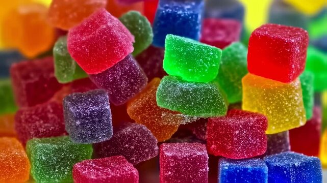 Close-up of vibrant, sugar-dusted, multi-colored, cube-shaped gelatin candies