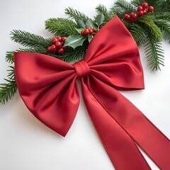 Christmas Red Satin Bow with Holly and Pine – Holiday Decoration Design
