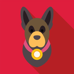 Proud german shepherd dog wearing a gold medal and pink collar, celebrating victory on a vibrant red background