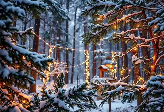 Magical forest scene with soft falling snow and twinkling fairy lights on evergreen branches, nature, forest - Powered by Adobe