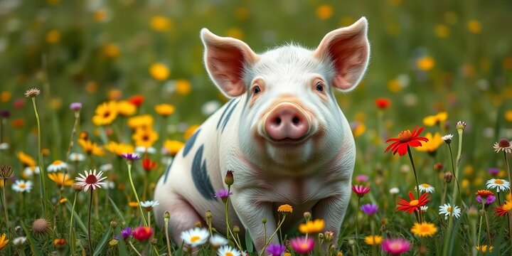 A plump pig sits attentively, snout slightly raised, amidst a field of wildflowers, posing for a whimsical portrait,  whimsical,  design element