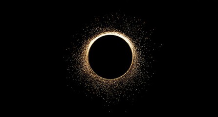A dark circular void with shimmering gold particles surrounding it in black space