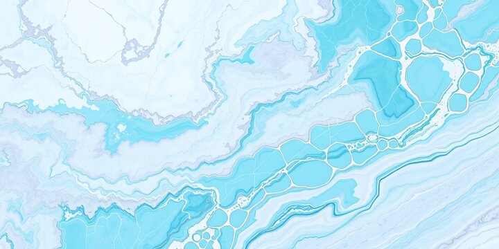 An abstract light blue and white marble texture with swirling patterns creates a serene and calming effect, like waves gently washing ashore a winter beach.
