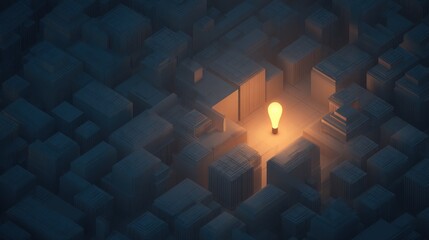 Glowing light bulb in a dark miniature isometric city model representing innovation