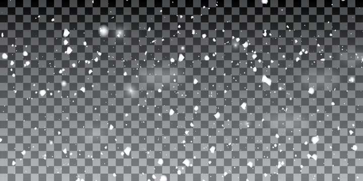 Many snowflakes in blur on black background. Snowfall layer for winter photography.