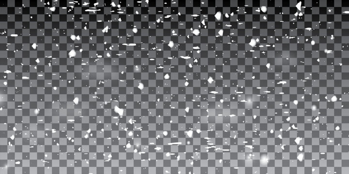 Many snowflakes in blur on black background. Snowfall layer for winter photography.