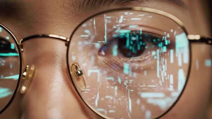 Futuristic technology reflections in focused eyes, modern data streams, AI vision, advanced digital interface, immersive virtual reality experience unfolds - Powered by Adobe