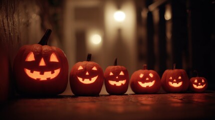 Fototapeta premium Row of Glowing Jack-o'-lanterns in Various Sizes for Halloween Decoration