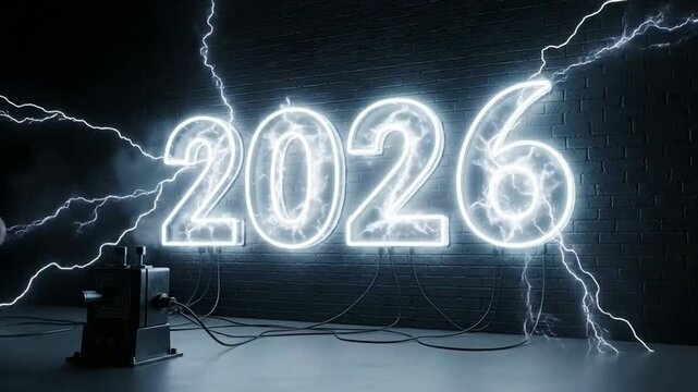 Electric Neon Sparks. Happy New Year 2026 Text