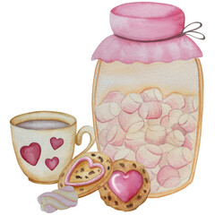 Big watercolor set of design elements for Valentines day. Cute watercolour icons, symbol of romance, love for print, card, poster, stickers