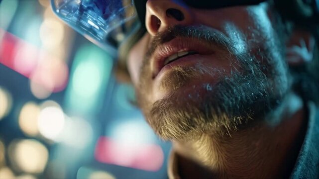 Immersive VR Experience - Man Exploring Virtual Reality World.