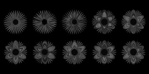 Ten gray scale flower designs on a black background floral pattern