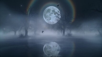 Misty Forest with Silhouetted Trees and a Large Full Moon with Rainbow Halo woods bare - Powered by Adobe