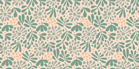 Seamless pattern with flowers leaves and dots on a light pink background