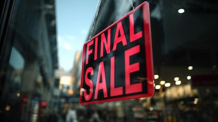 Final sale sign hanging in a store window showing deep discounts and alluring customers to shop before the sale ends encourage impulse buying and create urgency for potential shoppers.