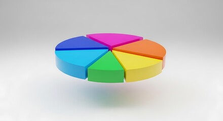 A colorful pie chart with six slices, each a different color, including blue, green, yellow, orange, pink, and light blue isolated on white background the chart is floating