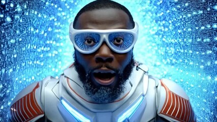 Surprised Man in Futuristic Glasses with Digital Background.