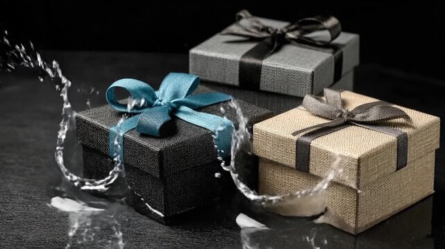 Three square textured gift boxes with satin ribbon bows sit on a dark surface against a black background
