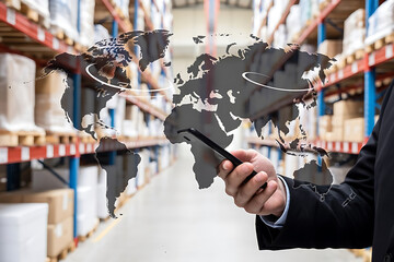 Businessman with world map and phone in warehouse logistics