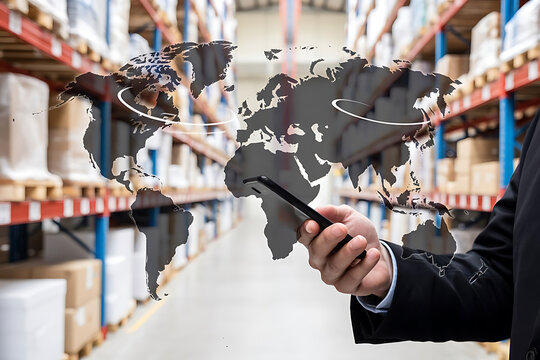 Businessman with world map and phone in warehouse logistics