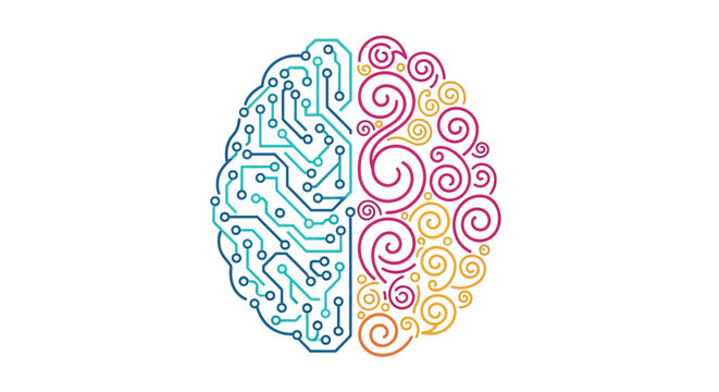 A split brain illustration showing technology and creativity in equal measure