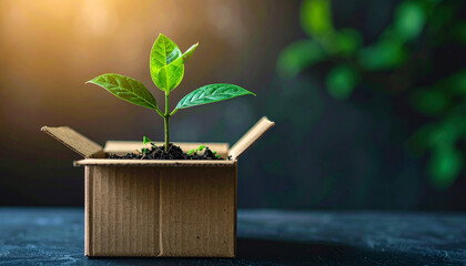 Green plant sprouting from open cardboard box, eco-friendly packaging and sustainability, fresh leaves