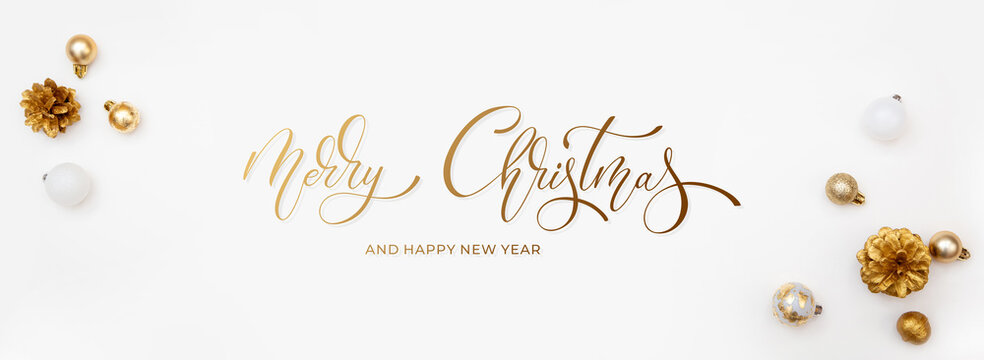 Merry Christmas and Happy New Year greeting card, frame, and banner. Holidays design. Noel and Feliz Navidad. Christmas gifts and decorations, top view. Flat lay. - Powered by Adobe