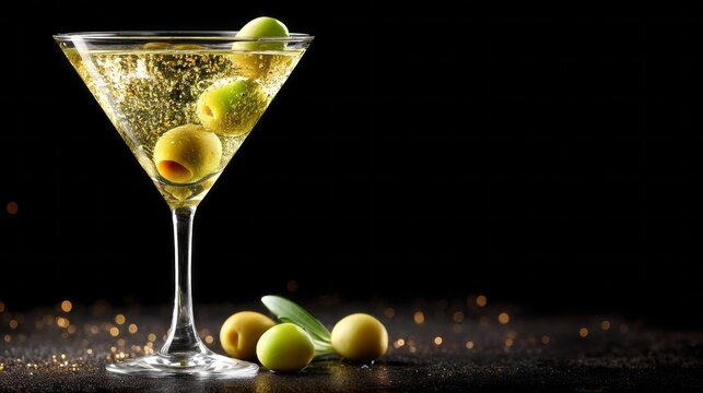 A classic vodka martini rests in a stylish glass, decorated with green olives, exuding sophistication. The dark background enhances the drink's shimmering appearance, ideal for a night out