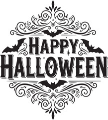 Happy halloween decorative ornate text with bat and scrollwork.