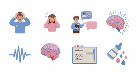 3D mental health icon set, anxiety disorder illustration