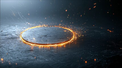 A bright orange circle emits sparks and light, set against a dark, textured ground with floating embers.
