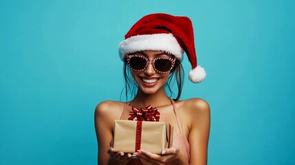 Happy young woman in Christmas hat and sunglasses holding a gift box on a turquoise background celebrating the holiday season with joy and excitement to share gifts.