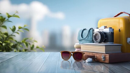 Travel items including suitcases a vintage camera and sunglasses rest on a wooden surface with a blurred cityscape in the background