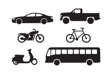 Collection of silhouetted vehicles including cars motorcycles and buses