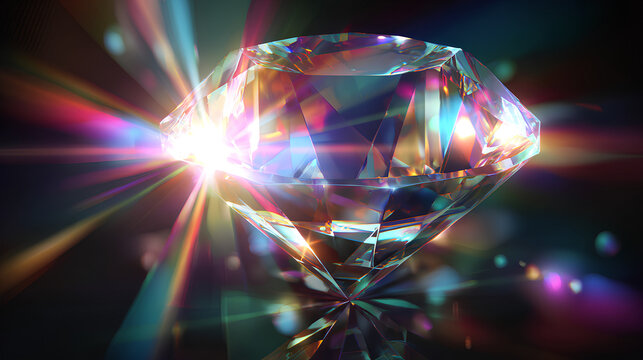 Vector crystal sparkle with rainbow spectrum, glowing light effect, bright diamond flash, abstract prism design, neon bokeh glow, lens flare, glass reflection and colorful transparent overlay