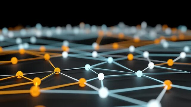 Network of orange and white dots abstract pattern displays interconnected orange and white dots forming complex network structure