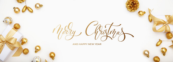 Merry Christmas and Happy New Year greeting card, frame, and banner. Holidays design. Noel and...