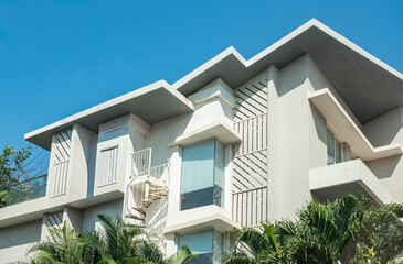Modern design white houses under blue sky. Residential building area