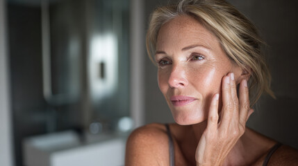 Mature woman applying moisturiser while embracing natural skin changes and midlife well being