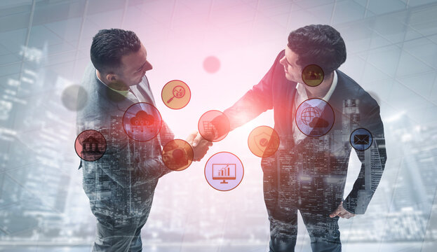 Set of business and digital service icons representing finance, cloud, analytics, email, communication, ecommerce, cybersecurity, and global connectivity in a modern ecosystem Vouch