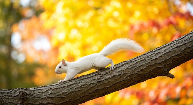 Albino squirrel walking on tree branch with vibrant autumn foliage