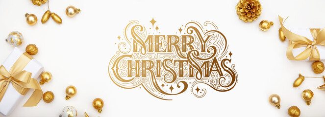 Merry Christmas and Happy New Year greeting card, frame, and banner. Holidays design. Noel and Feliz Navidad. Christmas gifts and decorations, top view. Flat lay.