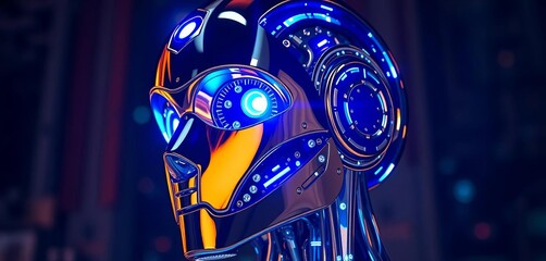 Sleek chrome robot head, glowing blue optics, intricate circuitry visible,  sci-fi,  glowing