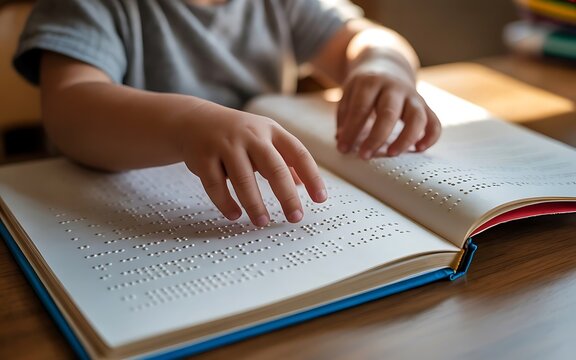 Young child reading a braille book with his hands on the textured pages