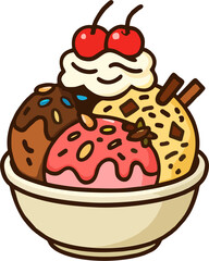 Cartoon Ice Cream Sundae Vector with Cherries, Whipped Cream, Sprinkles and Chocolate in Bowl