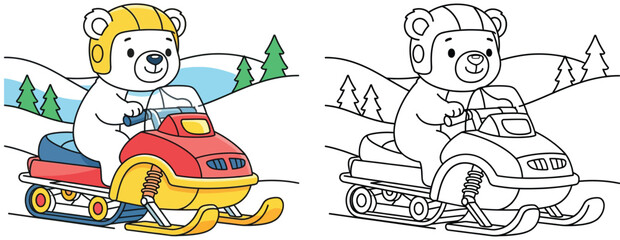 Coloring book page vector illustration of a cute cartoon polar bear riding a snowmobile in a winter landscape with pine trees for kids activity.