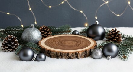Rustic wood slice podium on white snow surrounded by minimalist gray Christmas ornaments, pine cones, and festive string lights.