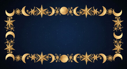 Frame of golden stars, crescent moons and floral shapes against a dark blue, starry sky, representing celestial elegance and space themed concept