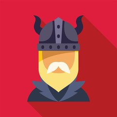Portrait of a viking warrior with horned helmet and blond beard, looking forward, on red background